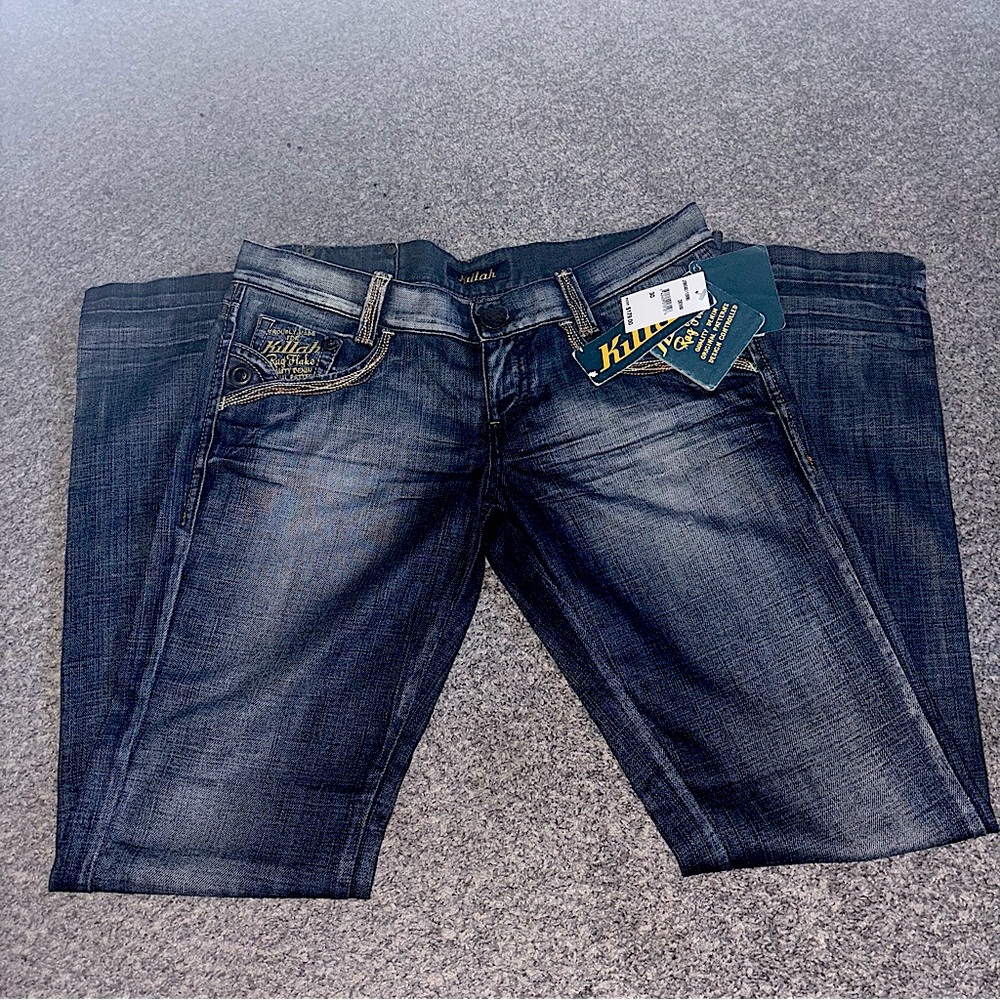 Classic Blue Straight Leg Jeans with Subtle Distressing